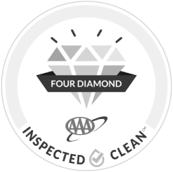 A circular logo reading &ldquo;FOUR DIAMOND,&rdquo; showing a diamond emblem, a trophy/cup icon, and the words &ldquo;INSPECTED&rdquo; and &ldquo;CLEAN.&rdquo; logo on footer section.