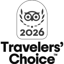 An award-style logo showing an owl with glasses and laurel leaves above &ldquo;2026&rdquo; and the words &ldquo;Travelers&rsquo; Choice&rdquo;. logo on footer section.