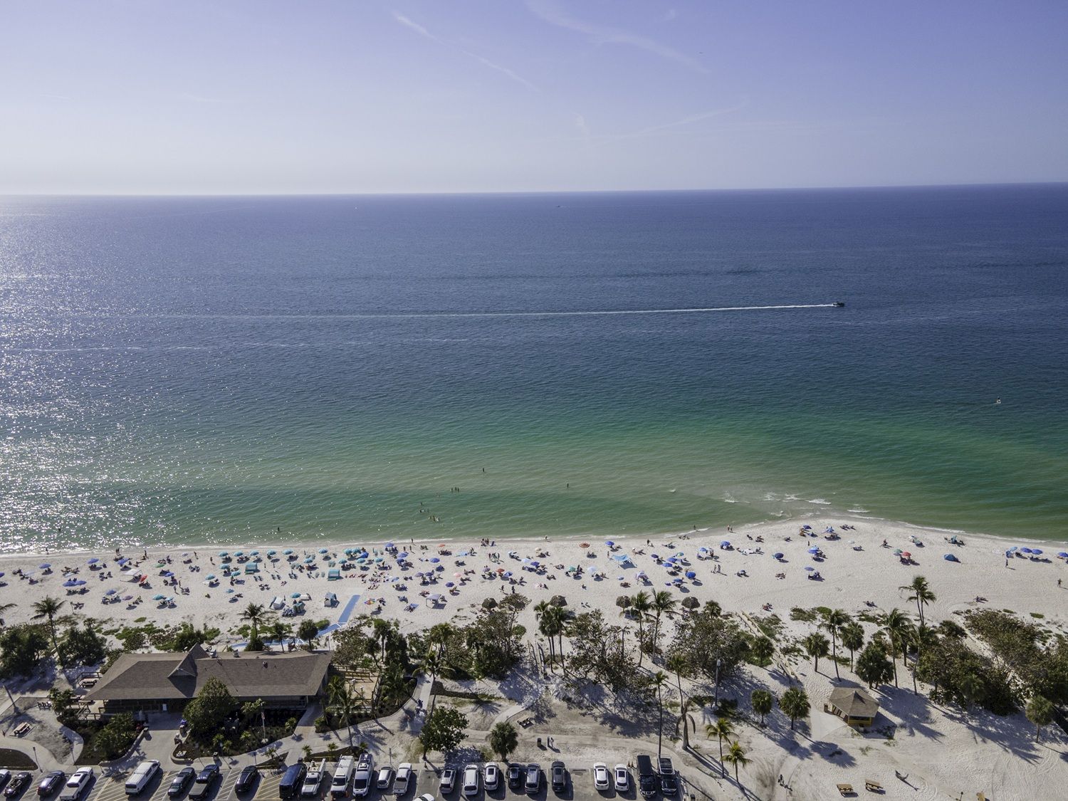 A sunny ocean view over a crowded sandy beach with umbrellas, palm trees, and parked cars along the shoreline to the horizon.