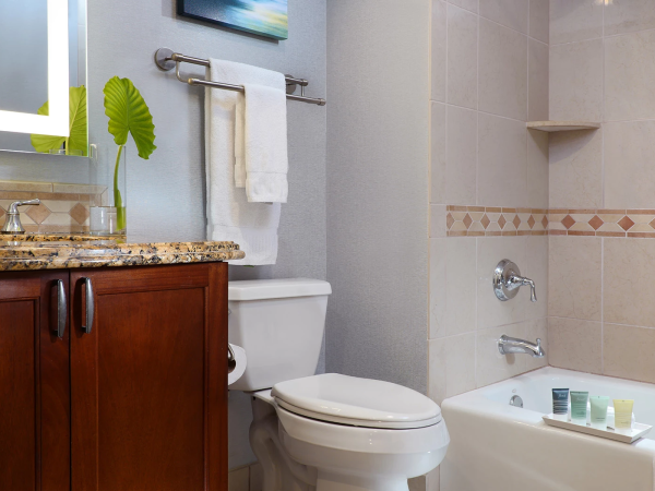 Bright bathroom with a vanity, towels on a rack, a toilet, and a bathtub with toiletries on the ledge.
