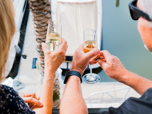 Friends clink glasses of sparkling drink on a patio, toasting together in the sunshine.