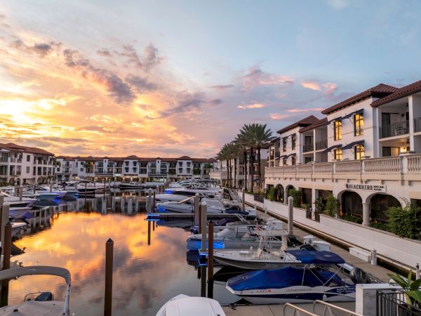 A calm marina at sunset with many moored boats and waterfront buildings with palm trees along the docks, glowing in the sky.