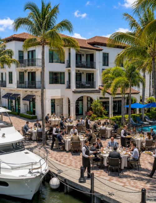 A luxury resort courtyard with palm trees, a swimming pool, businessmen dining outside, and a white yacht docked by the water.