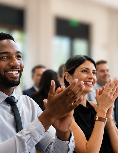 A man in a shirt and tie and others in business attire are smiling and clapping in a meeting room.