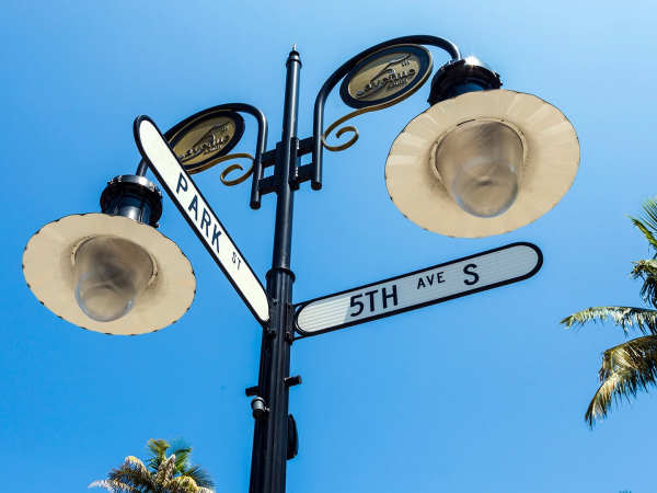 A streetlight pole with signs reading PARK St and 5TH Ave S under a bright blue sky.