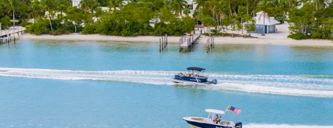People cruising on two speed boats near a tropical shoreline with palm trees and white sandy beaches, calm turquoise water, sunny weather.
