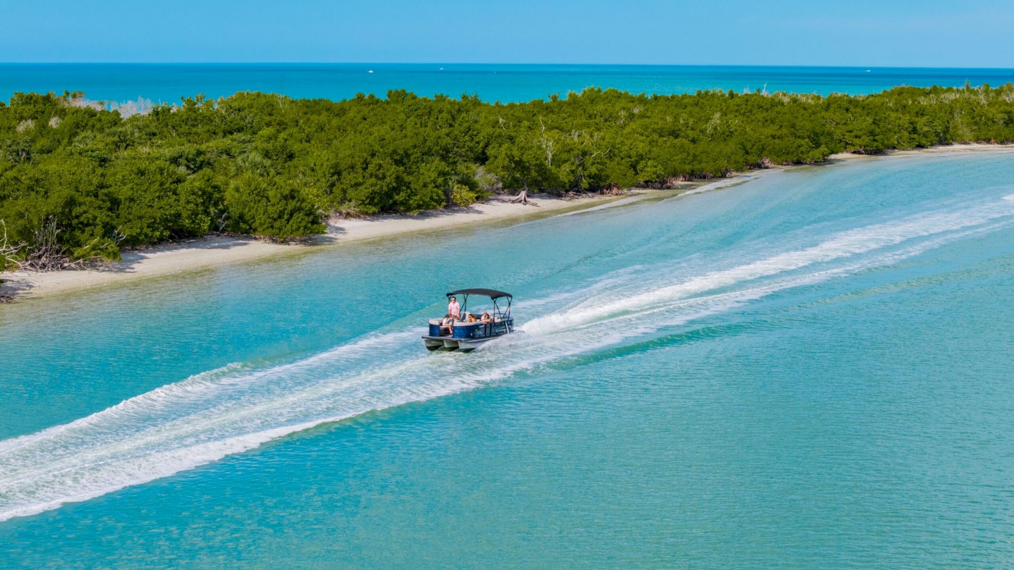 A small boat speeds along turquoise shallow water, leaving a foamy wake beside a lush green shoreline under a clear blue sky.