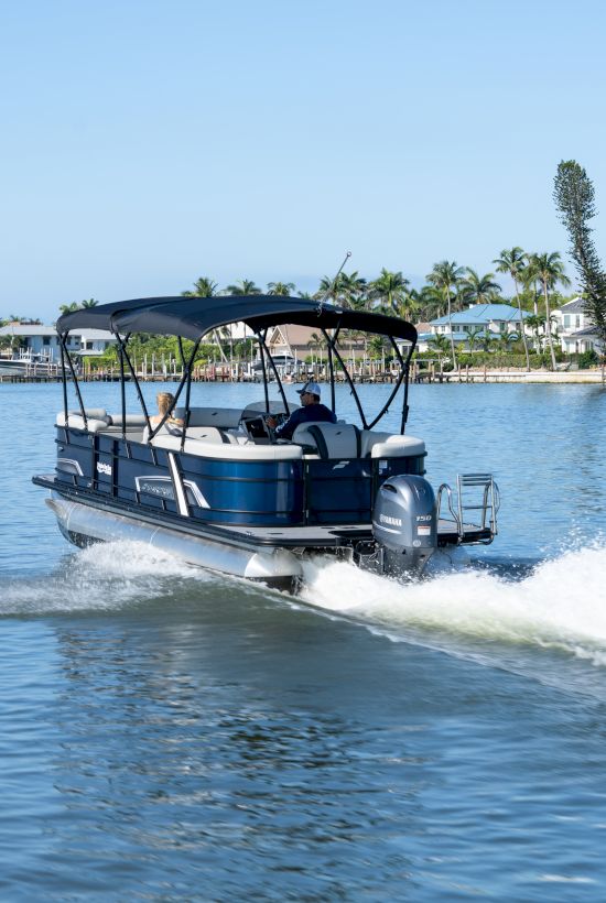 A blue-and-white motor speedboat with a person aboard races across calm water near palm-lined houses in the sunshine.