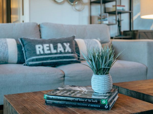 A cozy living room: gray couch with a &ldquo;RELAX&rdquo; pillow, coffee table with books and a small potted plant, and a dark cabinet behind.